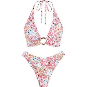New Medium High Cut, O Ring Halter Top Floral Bikini